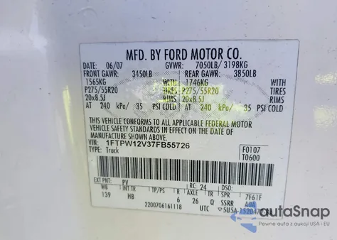 2007 Ford F-150 Lariat/Xlt from USA, damaged, VIN 1FTPW12V37FB55726